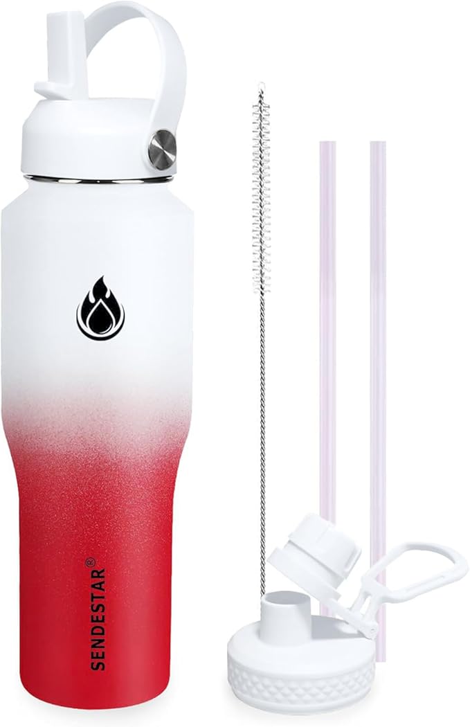 SENDESTAR Water Bottle,Wide Mouth Stainless Steel Vacuum Insulated Double Wall Keep Liquids Cold or Hot All Day,Sweat Proof Sport Design,Fit Car Cup Holder,White&Rose Red,32 Ounces