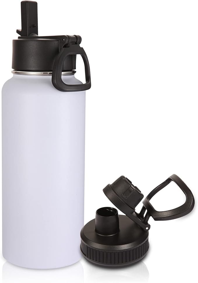 Volhoply 32 oz Water Bottle with Straw Lid & Spout Lid,Insulated Sports Water Bottle,Double Wall Vacuum Stainless Steel Cups,Leakproof Wide Mouth Metal Flask,Keeps Cold or Hot for Travel(White,1)