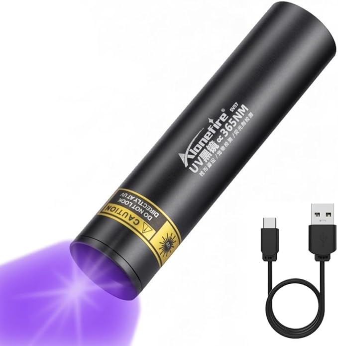 ALONEFIRE SV57 3W Small UV Flashlight 365nm Type C USB Rechargeable Ultraviolet Mini Black Light Stain Minerals Money Pet Urine Detector with Charging Indicator, Aluminium Case, Built-in Battery