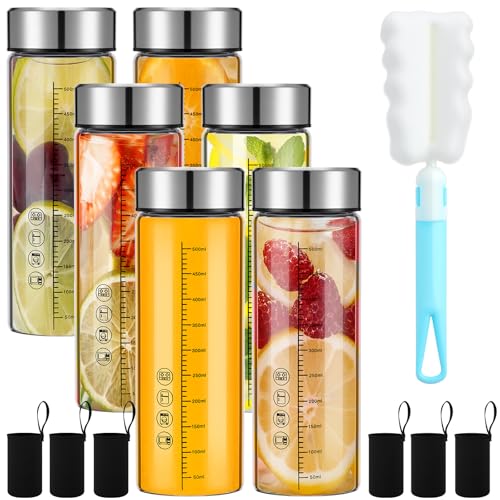 6 Pack 16 Oz Wide Mouth Glass Juice Bottles Glass Water Bottles with Lids and Sleeve for Juicing Smoothies Milk Protein Infused Water Reusable Leakproof Borosilicate Bottle (6 Count)