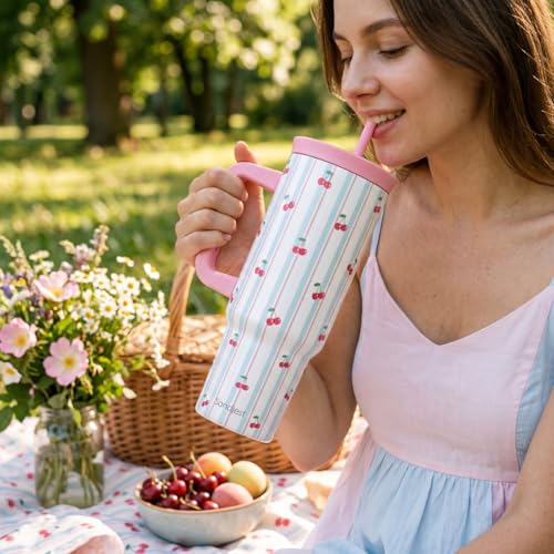 Cherry Stainless Steel Locking Lid Silicone Straw Tumbler with Handle 40oz