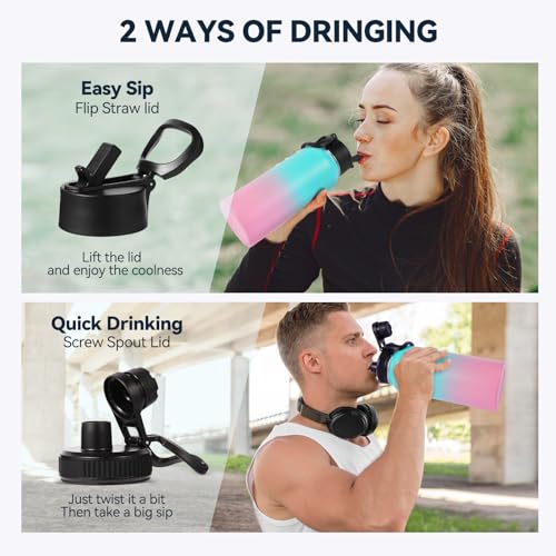 32 oz Insulated Water Bottles Bulk with 2 Lids (4 Count)