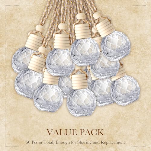 50 Pcs Hanging Car Air Freshener Car Diffuser Bottles Empty Glass Perfume Bottle Freshener Diffuser Bottle Pendant for Essential Oil Fragrance Aromatherapy Ornament (50 Count)