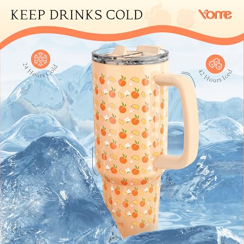 40 oz Summer Peach Tumbler with Handle and Flip Straw for Women