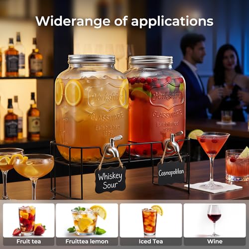 2 Gallon Glass Drinks For Parties With Stand.Stainless Steel Spigots & Metal Stand (2 Count)
