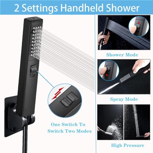 6'' Square High Pressure Rain Black Shower Heads with Handheld Spray Combo. Equipped with 78" Leakproof Hose