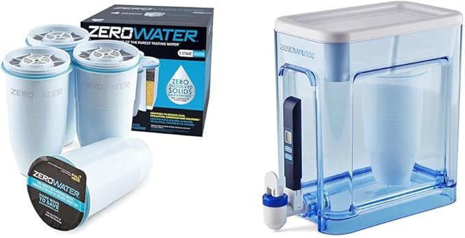 ZeroWater Official Replacement Filter 4-Pack + 22 Cup Ready-Read 5-Stage Water Filter Dispenser