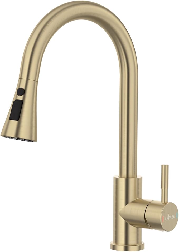 APPASO Gold Kitchen Faucet, Kitchen Faucet with Pull Down Sprayer - Stainless Single Handle High Arc Easy Installation for One Hole RV Camper Laundry Outdoors, Single Hole, Brushed Gold