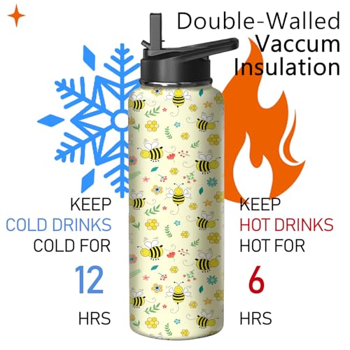 40oz Bee Water Bottle with Handle and Flip Straw