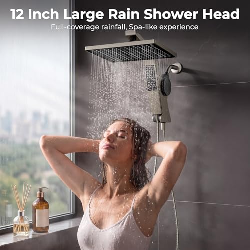 Filtered Rain Shower Head with Handheld Combo High Pressure 12'' Rainfall Shower Heads & Hidden Detachable Wand Dual Showerhead Water Softener for Hard Water Easy Filter Replacement