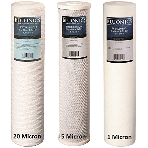 Bluonics 55W UV Ultraviolet Light Plus Sediment and Carbon Well Water Filter Purifier System with NPT 1" Ports, 12 GPM UV with 3 Filter Size 4.5” x 20" Filters for a Large Home/Commercial