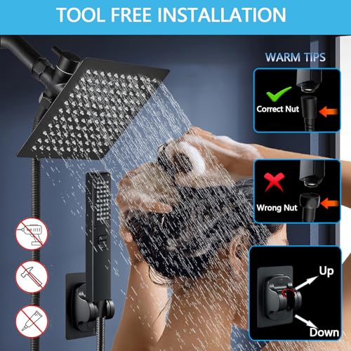 6'' Square High Pressure Rain Black Shower Heads with Handheld Spray Combo. Equipped with 78" Leakproof Hose