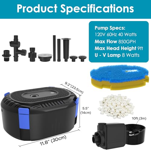 All-in-1 Pond Fountain Kit 850GPH with 3-Spray Patterns Pond Filters System for Outdoor Ponds with Color LED & U - V Light to Clean Green Water Fountain Pump for 500-750 Gallon Ponds