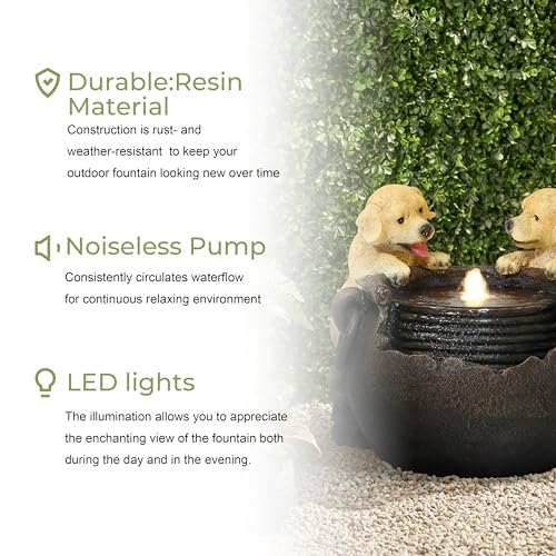 LuxenHome 16 Inch Puppies Resin Outdoor Water Fountain with LED Lights