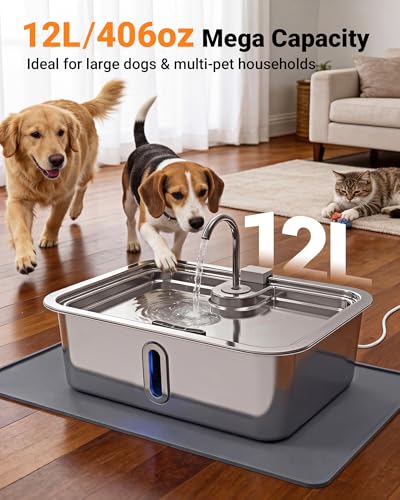 3.17Gal 12L Dog Water Fountain with Silicone Mat & 3 Filters for Dogs Cats (405.82 Ounce)