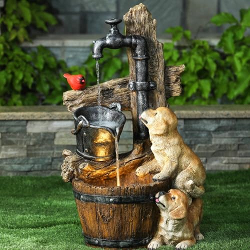 LuxenHome 25" Rustic Barrel Puppy Resin Water Fountain Outdoor with Lights