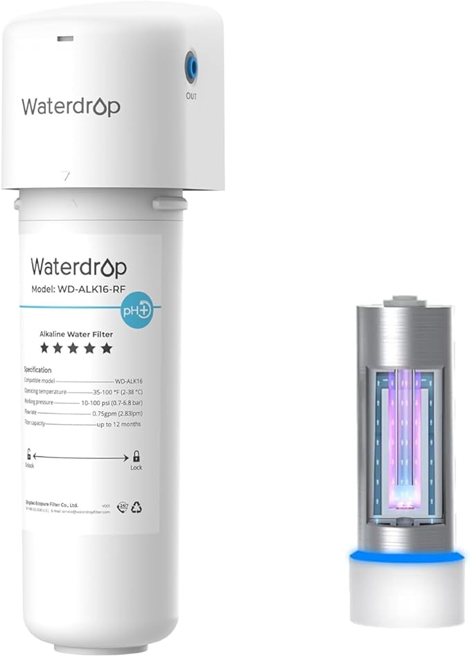 Waterdrop Alkaline Water Filter System and LED UV͎ Ultrąviolët for Sink WD-ALK16, Alkaline Water Filter 9.5 pH Mineralization, NSF/ANSI 372 Certified, for Reverse Osmosis System-Bundle