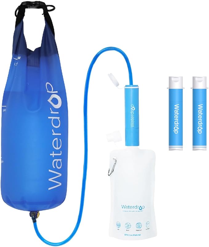 Waterdrop Water Filter Straw 3 Pack with Gravity Water Bag, Gravity Water Filtration System, Water Purifier Survival for Travel, Backpacking, 1.5 gal Bag, 0.1 Micron, 5 Stage Filtration