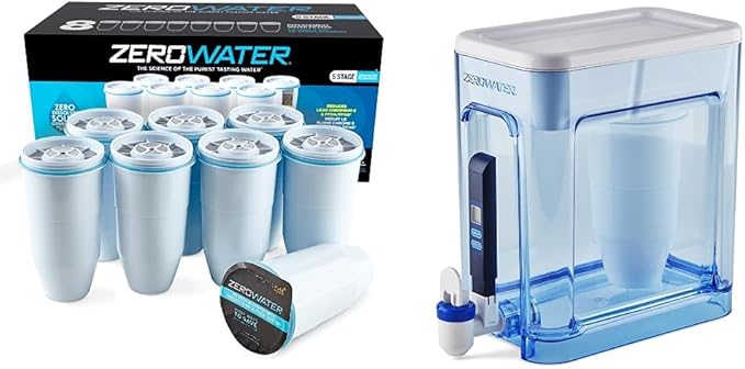 ZeroWater Official Replacement Filter - 5-Stage Water Filtration System (8-Pack) and 22 Cup Ready-Read 5-Stage Water Filter Dispenser
