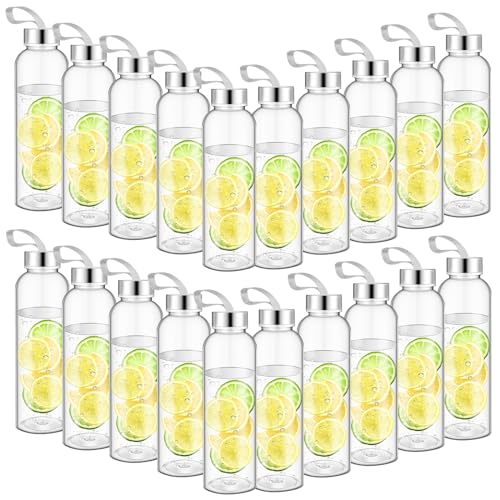 20 Pcs Reusable Clear Water Bottles Bulk with Stainless Steel Leak Proof Lids Sports Bottles with Nylon Camying Strap for Party Gift Water Milk Smoothie Juice Beverage
