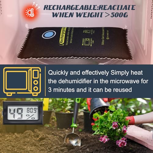 8 Pcs 500 Grams Rechargeable Silica Gel Desiccant Packets with Mini Digital LCD Hygrometer Thermometers Dehumidifier Bag for Gun Safe Closet Basement Car Storage Clothes Moisture Absorber (4 Count)