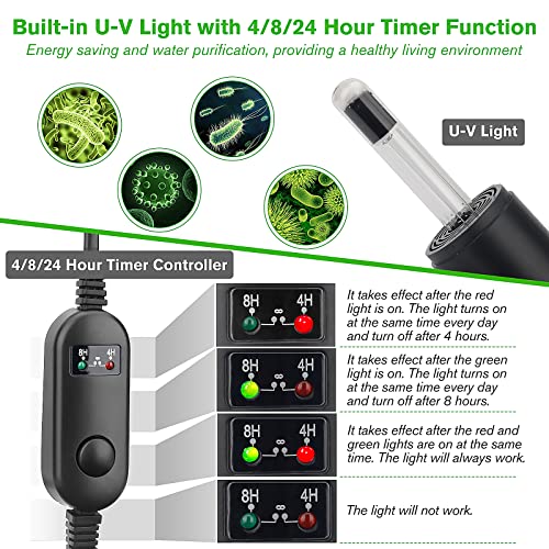 4-in-1 Submersible U-V Filter Pump, Internal Green Water Killer with Timer, 210GPH 8W Adjustable Fish Tank Filter, Increase Oxygen for 40-80 Gallon Aquarium Tank