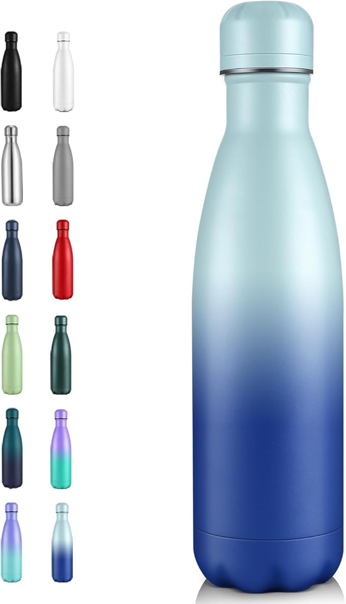 Volhoply 17oz Insulated Stainless Steel Water Bottle, Double Wall Vacuum Flask, Keeps Cold 24h & Hot 12h, Available in Packs of 1, 4, or 8（Green Blue,1 Pack）