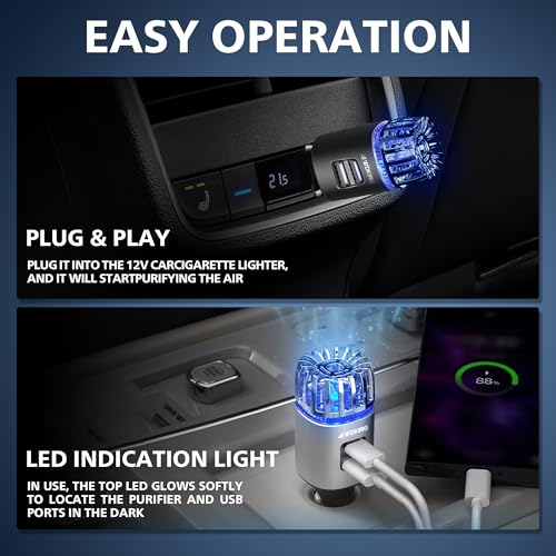 Car Air Purifier Ionizer with Dual USB Charger Remove Smoke