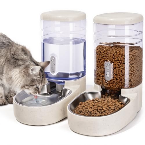 Automatic Cat Feeder and Water Dispenser with Stainless Steel Bowl Gravity Food Feeder and Waterer Set for Small Medium Dog Puppy Kitten 1 Gallon x 2
