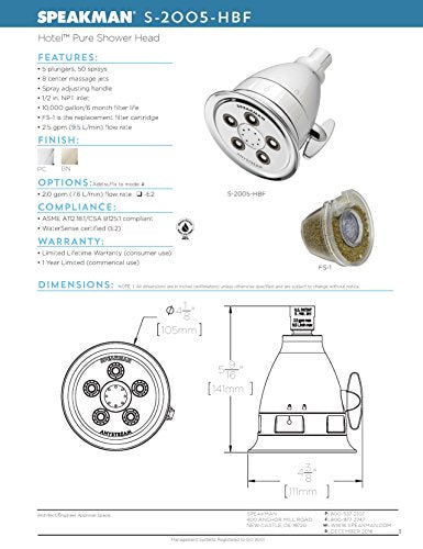 S-2005-HBF Hotel Pure Luxury Filtered Shower Head with Massage Setting, 2.5 GPM, Polished Chrome