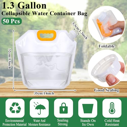 50 Pcs 1.3 Gallon Collapsible Water Storage Bag Emergency Jug Container Clear Plastic Water Bladder for Outdoor Sport Camping Hiking No Leak (50 Count)