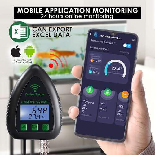 5-in-1 WiFi pH Meter Monitor, Water Quality Tester for pH TDS Salinity S.G Temperature, Tuya Smart APP Remote Monitoring with Alarm & Easy Calibration, for Aquarium Hydroponics