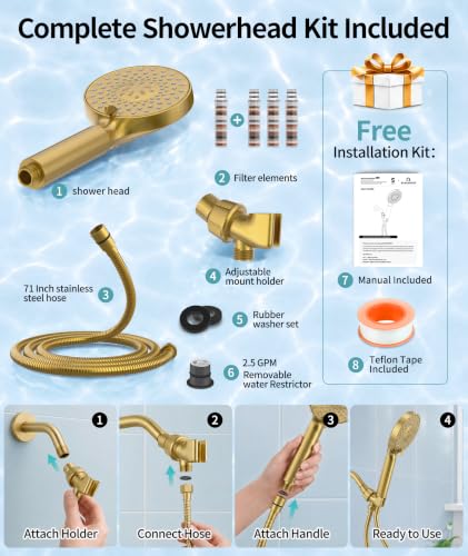 Filtered Shower Head with Handheld High Pressure 9 Spray Mode Showerhead Detachable Shower Head Water Softener Filters Beads for Hard Water Remove Chlorine 4 Filters Brushed Gold