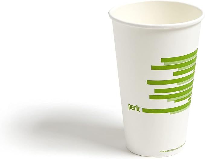 Perk Eco Compostable Paper Hot Cups, 16 Oz, 600 Count Disposable Cups for Hot Beverages, White/Green