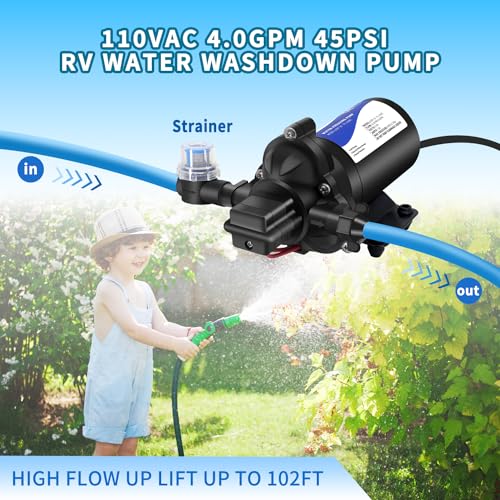 110V RV Fresh Water Transfer Pump for garden Hose Pool Draining Irrigation Diaphragm Pump 4.0GPM 45PSI Water Pressure Booster Pump On Demand Diaphragm Washdown Pump (97.28 Ounce)