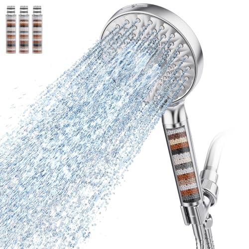 Filtered Shower Head with Handheld High Pressure 9 Spray Mode Showerhead Detachable Shower Head Water Softener Filters Beads for Hard Water Remove Chlorine 4 Filters Chrome
