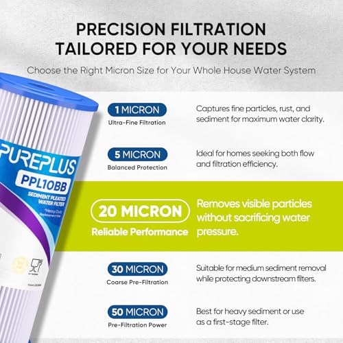 20 Micron 10" x 4.5" Whole House Pleated Sediment Filter for Well Water (2 Count)