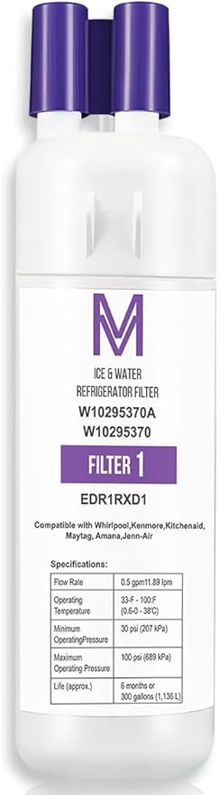 W10295370A Refrigerator Water Filter Replacement Compatible for Whirlpool EDR1RXD1, Everydrop Filter 1, W10295370, W10276924, WHR1RXD1, KAD1RXD1, P4RFWB, Kenmore 46-9930, 46-9081 Models (1-PACK)