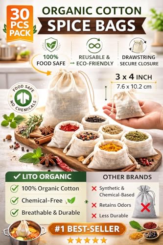 Organic Cotton Spice Bags with Drawstring (30 Count)
