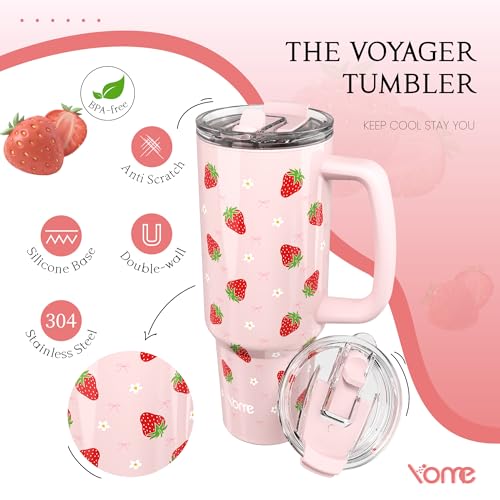 40oz Strawberry Tumbler with Handle and Flip Straw