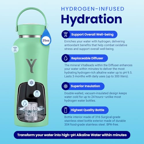 DYLN Hydrogen Water Bottle 25 oz Mint Stainless Steel Alkaline Water