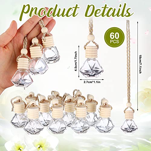 60 Pcs Hanging Car Air Freshener Car Diffuser Bottle Empty Glass Perfume Bottles Air Freshener Diffuser Bottle Pendant for Essential Oils Fragrance Aromatherapy Ornament Decor (60 Count)