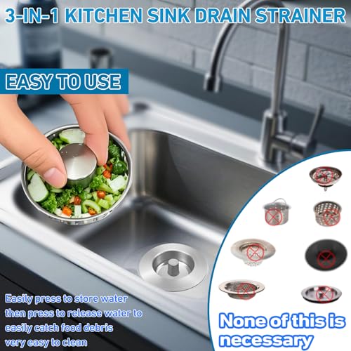 3-in-1 Kitchen Sink Drain Strainer & Stopper, Stainless Steel Food Catcher Plug with Filter Basket, Fits 3-1/2 Inch Drain Hole, Universal Sink Protector Cover, Anti-Clogging, Silver (Sus304, 1 Pack)