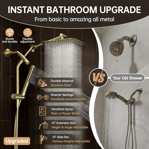 All Metal 10" Luxurious Brushed Gold Rain Shower Head with Handheld