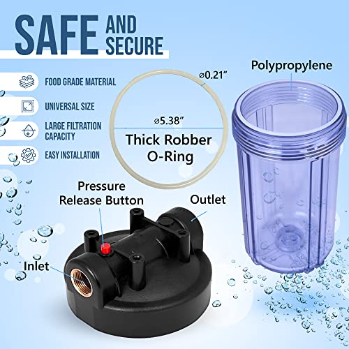 High Capacity 10 x 4.5” Transparent Whole House Water Filter Purifier System with Presser Relief Button 1” Inlet