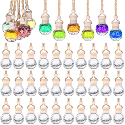 60 Pcs Hanging Car Air Freshener Car Diffuser Bottle Empty Glass Perfume Bottles Air Freshener Diffuser Bottle Pendant for Essential Oils Fragrance Aromatherapy Ornament Decor (60 Count)