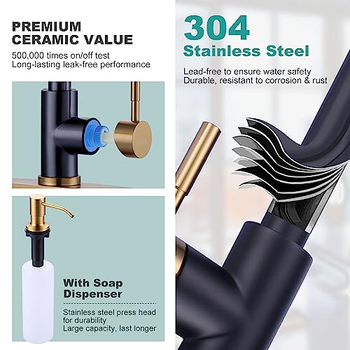 Black and Gold Kitchen Faucet with Soap Dispenser