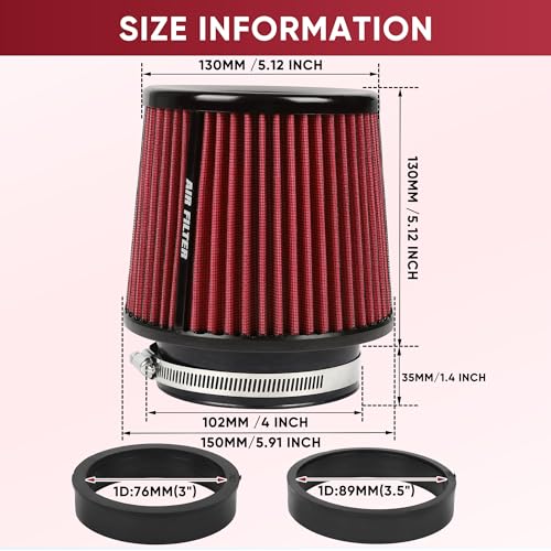3 3.5 4 Inches Cold Air Intake Filter 76mm 89mm 101mm High Performance Washable Clamp