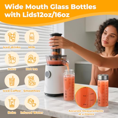 Wide Mouth Borosilicate Glass Juice Bottles 12oz 4 Pack with Lids