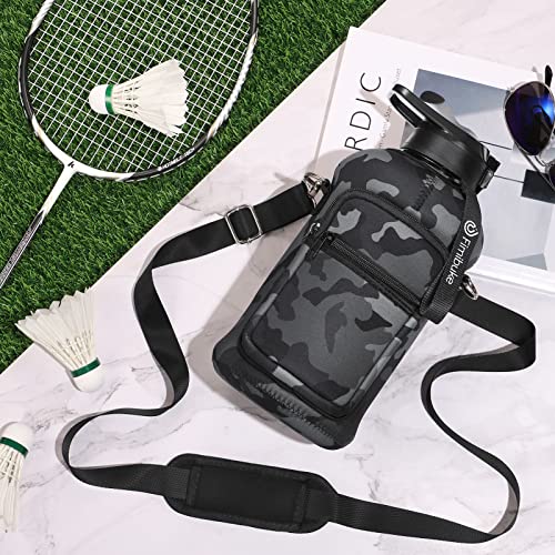 Half Gallon Water Bottle with Sleeve 64 OZ Water Bottle with Handle & Straw Leakproof Motivational Sports Gym Water Bottle with Time Marker BPA Free Water Jug with Neoprene Holder